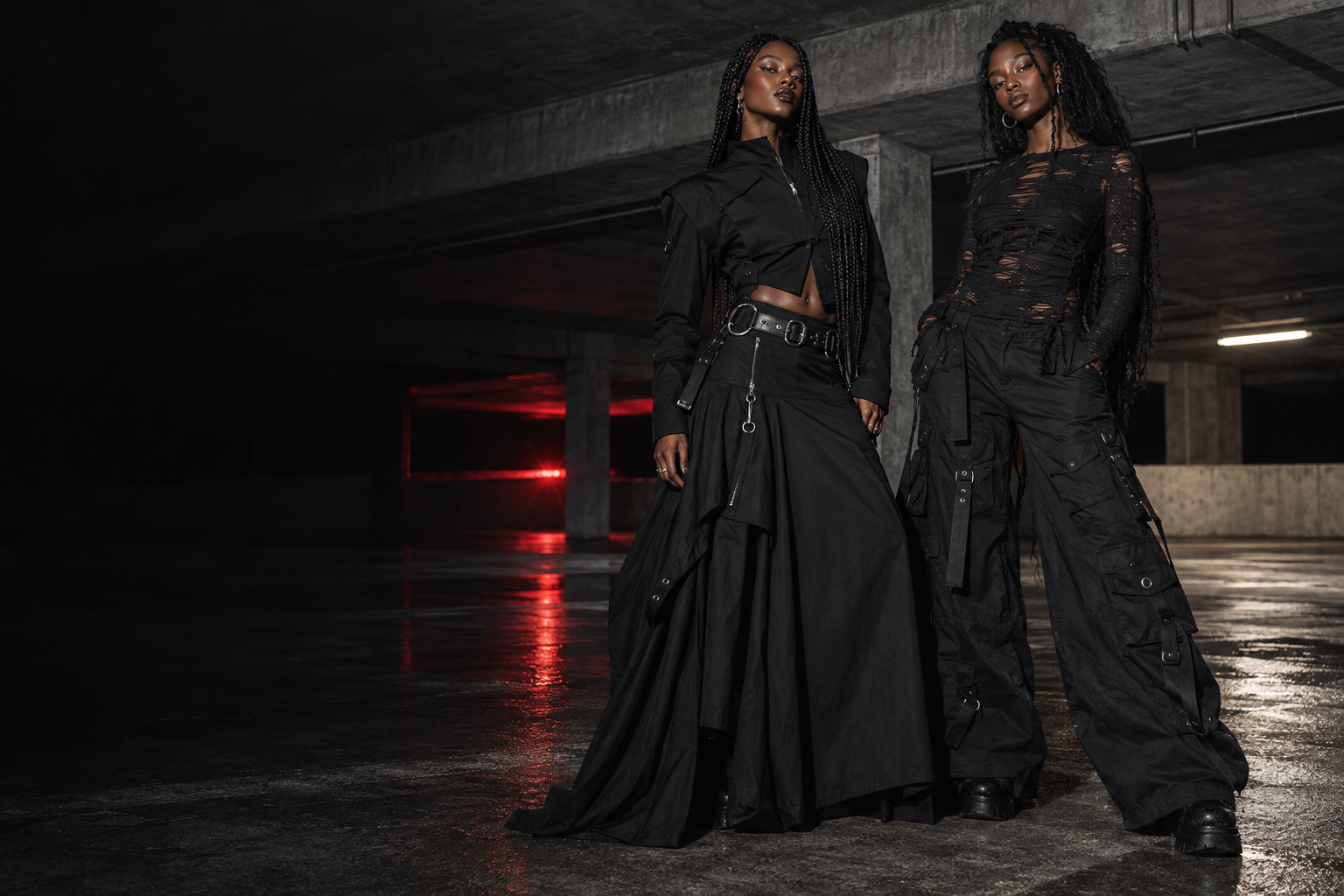 AI-generated concept of two Black women wearing dark alternative outfits in a concrete garage